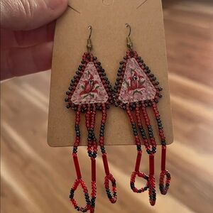Leather Triangle With Seed Beads Flower Painted Earrings